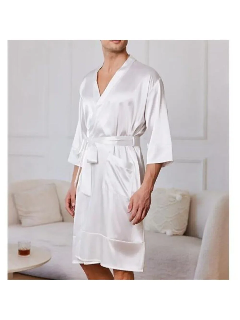 Men’s White Lightweight Silky Satin Robe Kimono Bathrobe 3/4 Sleeve with Pockets
